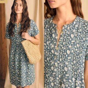 Faherty Gemina Dress Linen Blend Floral Print Short Sleeve Mini Blue White